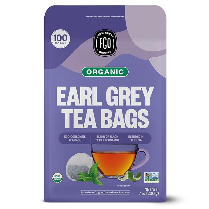 FGO Organic Earl Grey Black Tea, 100 Count, Eco-Conscious Tea Bags, Resealable Bag, Packaging May Vary (Pack of 1)