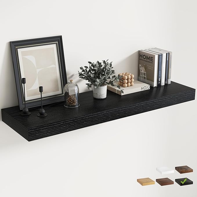 Marsmiles 12" Deep Floating Shelves for Wall with Invisible Brackets, Wall Mounted Engineered Wood Shelves with Wood Grain for Living Room, Bedroom, Kitchen Decor and Storage, 48" L Set of 1, Black