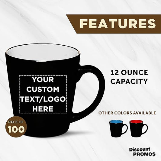 Custom Ceramic Coffee Latte Mugs 12 oz. Set of 100, Personalized Bulk Pack - Perfect for Coffee, Tea, Espresso, Hot Cocoa, Other Beverages - White