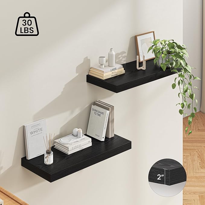 Dreamland 32" Floating Shelves for Wall, 12" Deep Thicker Black Floating Shelves, Wall-Mounted Shelves for Bedroom, Living Room, Kitchen, Bathroom - Set of 2