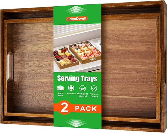 Serving Trays - 2 Pack, Acacia Wood Serving Platters with Ergonomic Handles, Versatile Rustic Decorative Trays for Breakfast, Brunch, Dinner, Coffee Table, Party, Kitchen-L
