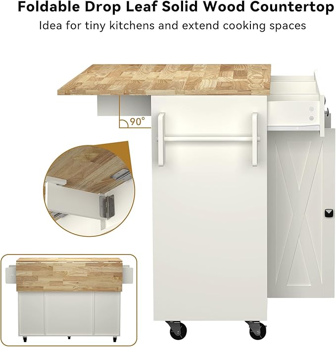 Kitchen Island with Storage, Rolling Kitchen Islands Cart with Solid Wood Countertop, Mobile Drop Leaf Kitchen Prep Table on Wheels with Wine Rack and Drawers