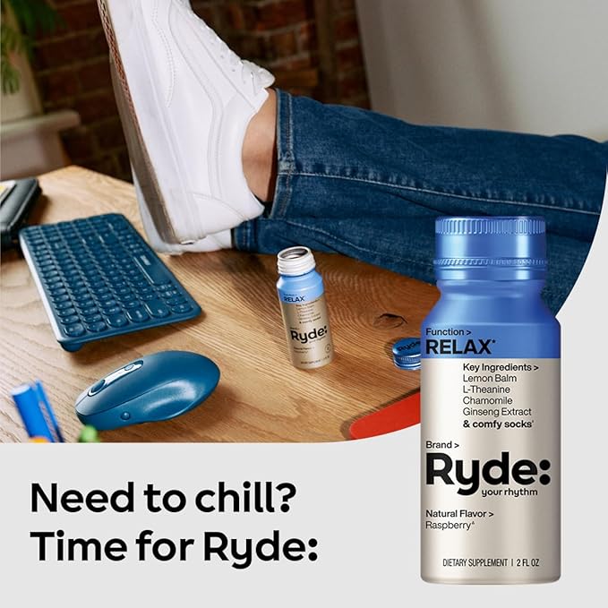 Ryde: Relax Shot | Raspberry Flavor | Lemon Balm, L-Theanine, Ginseng & Chamomile | 0 Calories, 0 Sugar | 2 FL OZ Shots | Helps You Relax* (8 Pack)