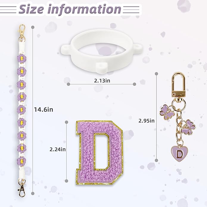 Compatible with Owala Water Bottle Accessories, Cute Letter Charm Set with Boho Handle Strap, Monogram Sticker, Silicone Ring, Keychain Decoration, for FreeSip 24 32 40oz, Owala Kids, Tumbler Gift