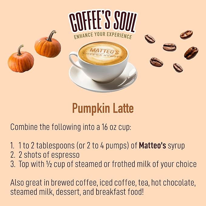 Matteo's Pumpkin Latte Syrup for Coffee, Lattes, Cappuccinos & Desserts – Sugar-Free Sweetener for Beverages, Keto Friendly, Zero Calories, Indulgent Flavor, Non-Alcoholic, 33.8oz (6pk)