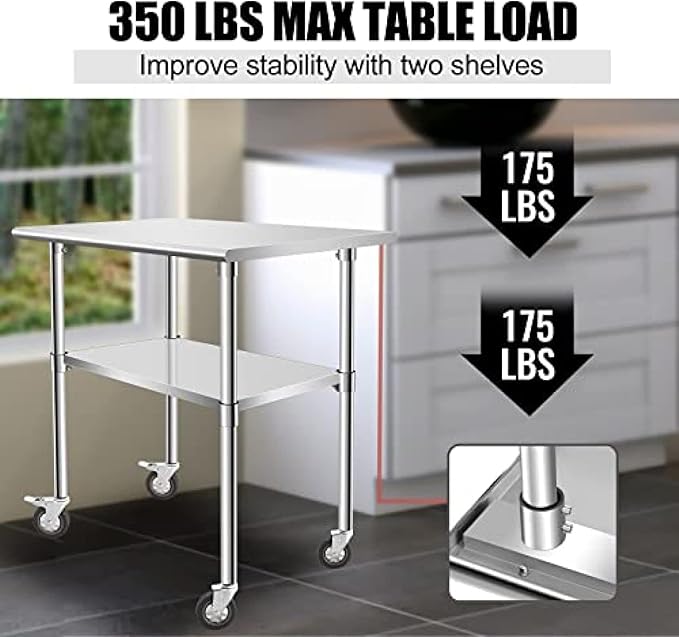 Stainless Steel Table - Metal Table Cart - Commercial Workbench with Caster Wheel - NSF Certified - for Restaurant, Warehouse, Home, Kitchen, Garage,36''x24''