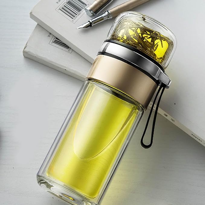 Tea Infuser Bottle, Glass Tea Infuser Bottle Double Wall Portable Tumbler Mug Travel Tumbler Mug Men Infusers Water Bottles (Gold)
