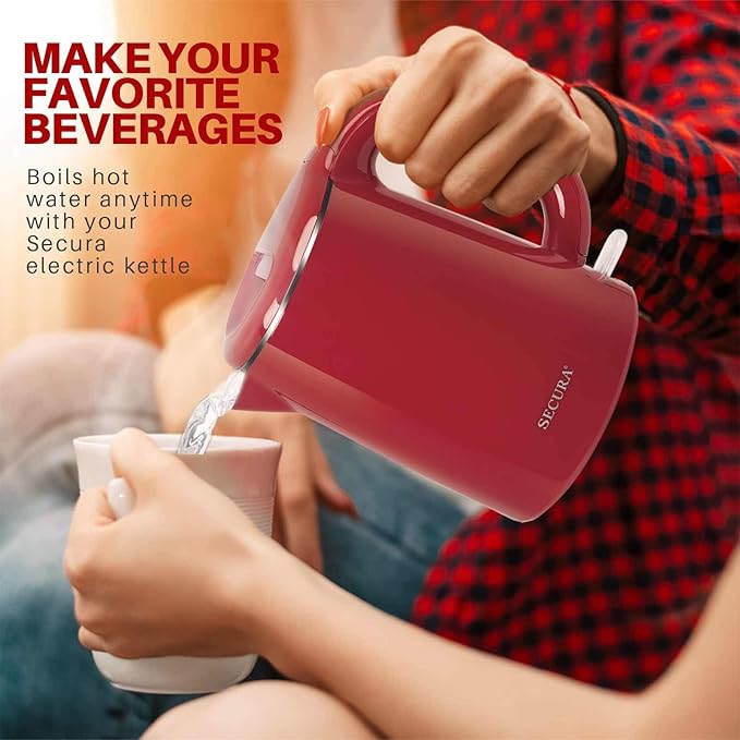 Secura Stainless Steel Double Wall Electric Kettle Water Heater for Tea Coffee w/Auto Shut-Off and Boil-Dry Protection, 1.0L (Red) SWK-1001DR/HB-K012