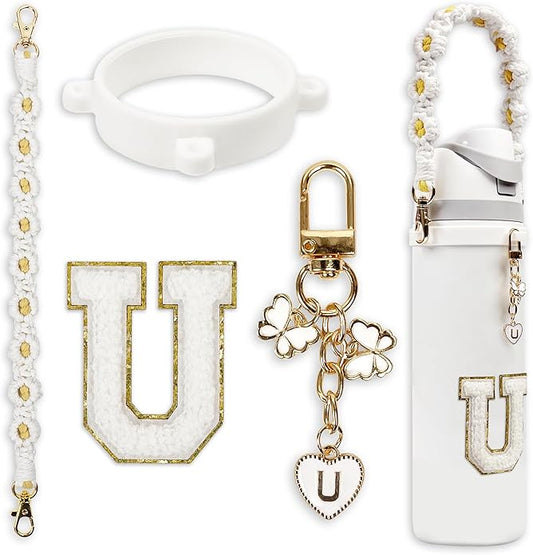 Compatible with Owala Water Bottle Accessories, Cute Letter Charm Set with Boho Handle Strap, Monogram Sticker, Silicone Ring, Keychain Decoration, for FreeSip 24 32 40oz, Owala Kids, Tumbler Gift