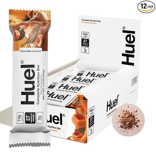 Huel Complete Nutrition Vegan Protein Bars | Chocolate Caramel | 13g Protein | 27 Vitamins & Minerals, 2g Sugar, Non-GMO, 100% Plant Based Snack | 12 Pack