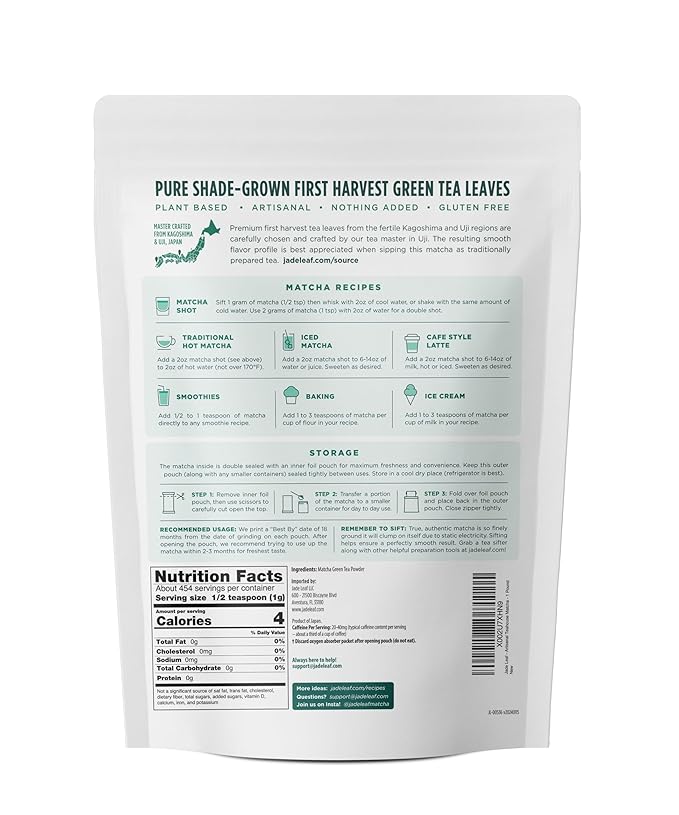 Jade Leaf Matcha Ceremonial Grade Matcha Green Tea Powder - Authentic Japanese Origin - Artisanal Teahouse Edition Premium First Harvest (1 Pound Bulk Pouch)