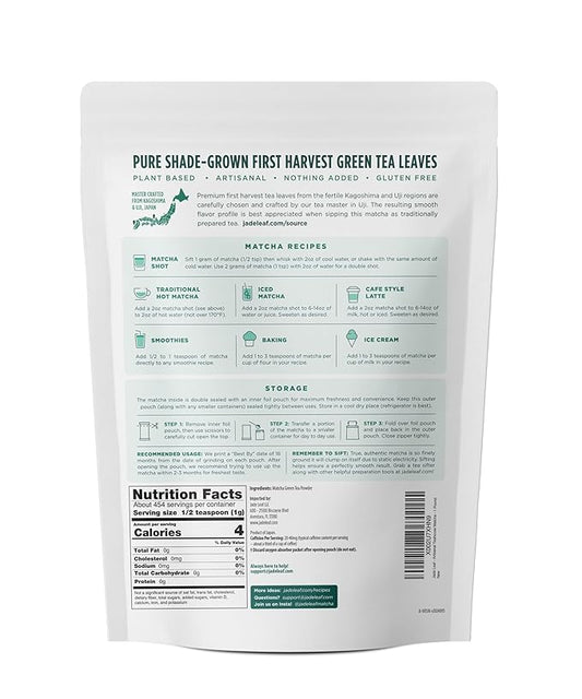 Jade Leaf Matcha Ceremonial Grade Matcha Green Tea Powder - Authentic Japanese Origin - Artisanal Teahouse Edition Premium First Harvest (1 Pound Bulk Pouch)