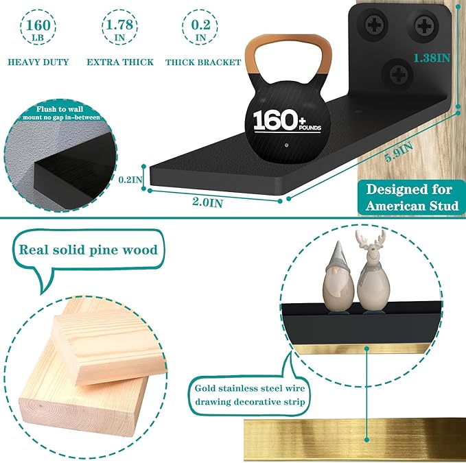 Thick 1.78 in Black and Gold Shelves with Thicked 1/5 Inch Heavy Duty Bracket,Black Gold Foating Shelves Pine Wood 16 ×6.5 in Floating Shelves for Wall with Stainless Steel Trim Strip Set of 2