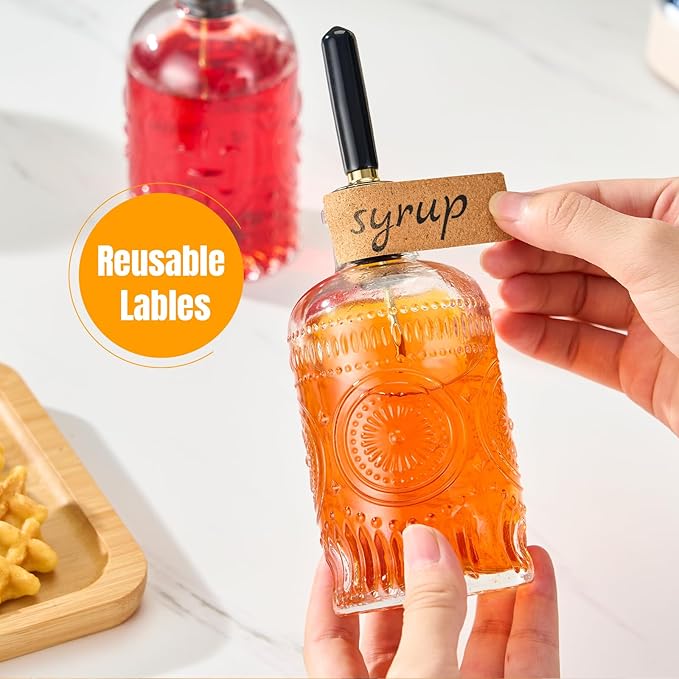 4pcs Glass Coffee Syrup Dispenser Bottles 7 OZ, Simple Syrup Bottles with Metal Pour Spout, Syrup Dispenser for Coffee Bar Accessories for Maple Honey Syrup Oil and Sauces