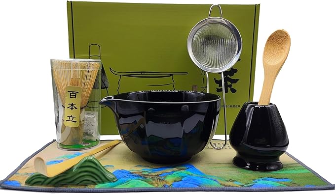 Matcha Whisk Set,8 Pcs Ceramic Matcha Sets Black Include Matcha Bowl with Spout(18Oz), Matcha Whisk and Holder,Bamboo Scoop,Scoop Holder,Stainless Sifter,Wooden Spoon,Tea Towel,Gift for Matcha Lovers