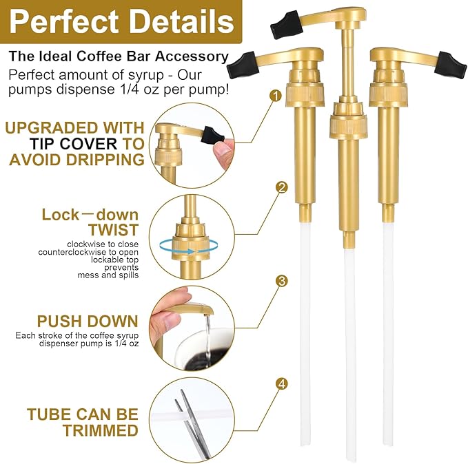 12 Pcs Coffee Syrup Pump with Tip Cover, Gold Reusable Coffee Syrup Pump Dispenser Fits 750 ml Skinny Bottles, Great for Home, Coffees Bar Drinking Mixes, Tea, Beverage, Cocktails