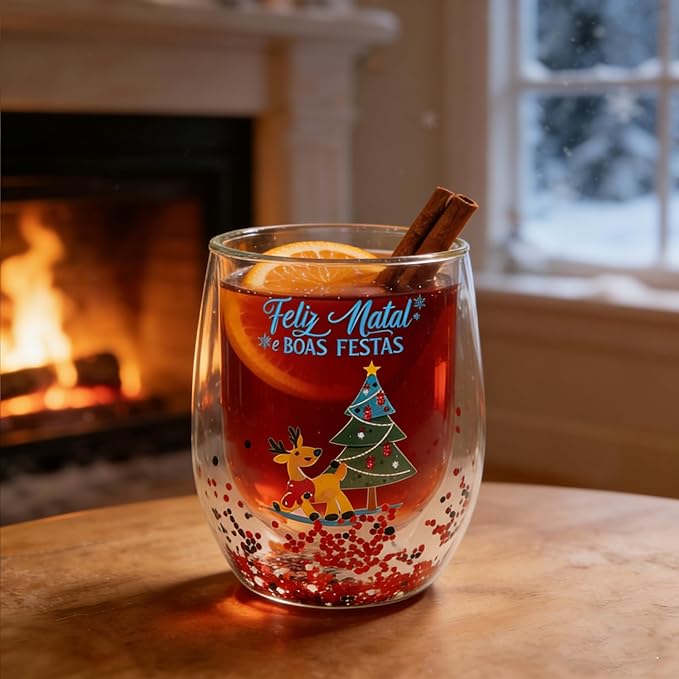 Christmas Mugs, 8 oz Double Wall Insulated Glass Coffee Mugs Set of 2, Cute Funny Mugs Coffee Cups for Cappuccino, Latte, Americano, Tea, Wine and Beverage
