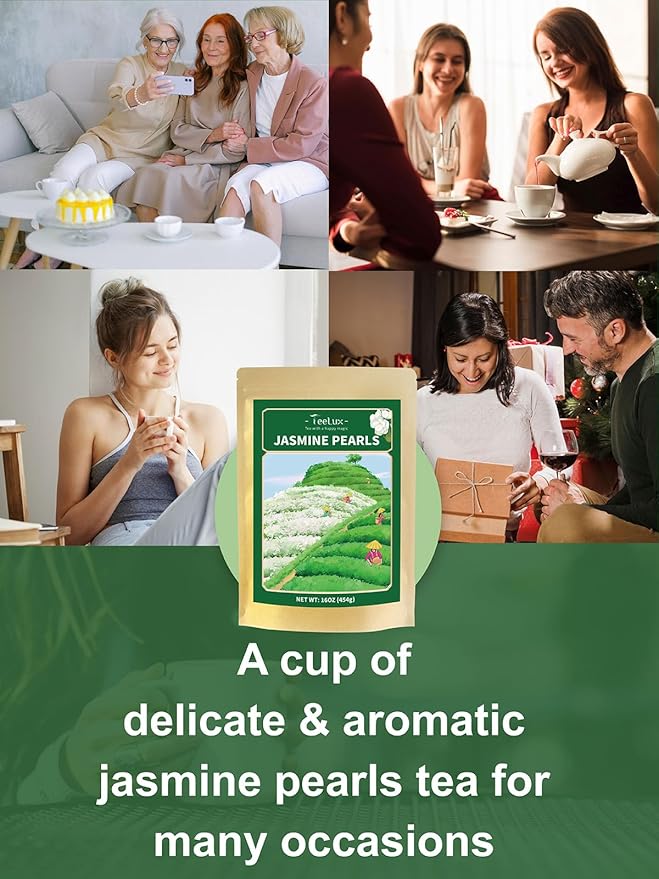 TeeLux Jasmine Pearls Green Tea, Handrolled Green Tea Loose Leaf with Delightful Aroma, Natural Jasmine Pearl Tea, 16oz