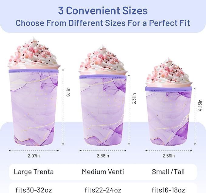 Iced Coffee Sleeve Reusable Cup Sleeves for Cold Drinks Neoprene Koozie Cozy Plastic Cup Covers for Drinks, Purple Marble