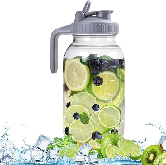 64OZ Glass Pitchers with Lid, Wide Mouth Water Jugs, Leak-Proof Airtight Mason Jars for Cold Brew Coffee, Iced tea, Milk, Food Storage, Sun Tea, Grey