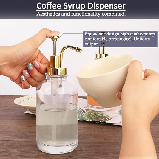 2Pack Coffee Syrup Dispenser, 16.9 oz Transparent Glass Bottles with Gold Pump, Labeled for Precise Dispensing, Ideal for Coffee Shop and Home Bar