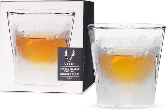 Viski Glacier Whiskey Glass, Double Walled Chilling Whiskey Glass, Active Cooling Gel, 6 Ounces, Clear Glass, Chilling Technology, Set of 1