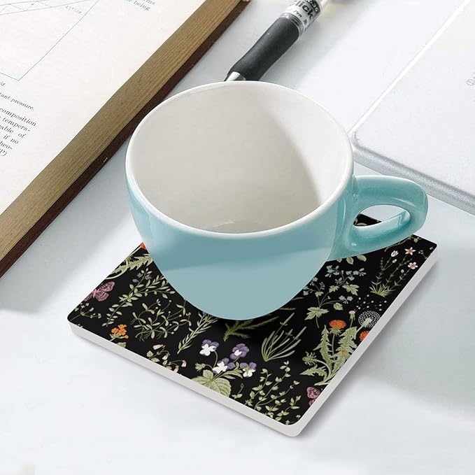 6PCS Botanical Drink Coasters, Square Modern Ceramic Absorbent Coasters, Colorful Cartoon Abstract Botanical Mushroom Plants Pattern Decor Desk Coffee Table Coaster for Beverage Cup Tea Coasters