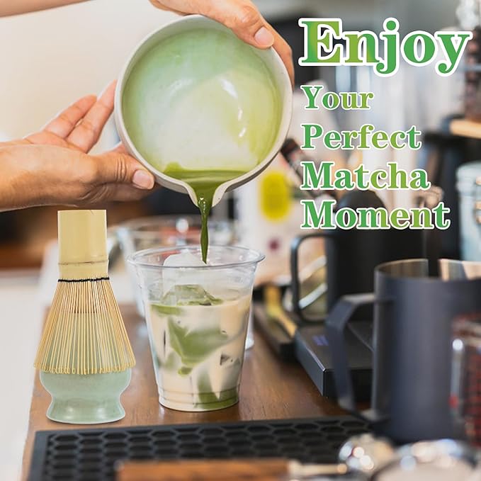 Matcha Whisk Set, Premium Ceramic Matcha Bowl with Spout, Bamboo Whisk, Chasen Holder, Sifter, Scoop, Complete Tea Making Kit for Matcha Lovers, Beginner Starter Set Valentine's Day Gift, Green