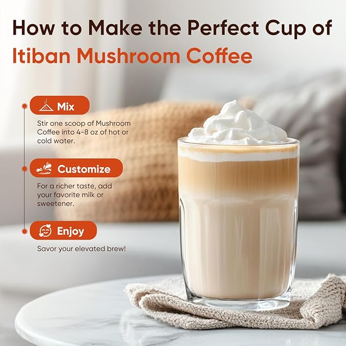 Mushroom Coffee, 12 Mushrooms Powder Blend Ashwagandha, Lion's Mane, Chaga and Probiotics, Mushrooms Instant Coffee Latte for Focus, Gut & Immunity Health- 30 Servings
