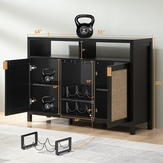 SICOTAS Rattan Coffee Bar Cabinet, 102" Sideboard Buffet Cabinet with Storage, Modern Liquor Wine Cabinet Set of 2 Credenza Console Buffet Table for Home Living Dining Room Entryway, Black