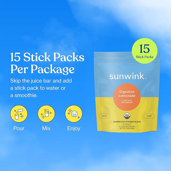 Sunwink Digestion Lemonade Powder-Organic Superfood Powder for Debloat & Gut Health-Plant-Based Support for Digestive Health with Amla Powder, Dandelion & Chicory Root Extract (6g Each, Pack of 15)