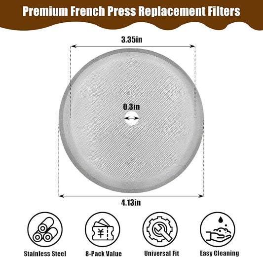 French Press Replacement Filters Stainless Steel Mesh Screen Universal 1000 ml, 34 Oz, 8 Cup Coffee & Tea Makers (8 PACK)