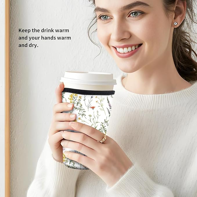 Reusable Neoprene Insulator Sleeve for Iced Coffee Cold Soda Cups, Cute Durable Drink Sleeve for Cold Beverages, Medium 22-28oz Cup Sleeve Beautiful Flowers
