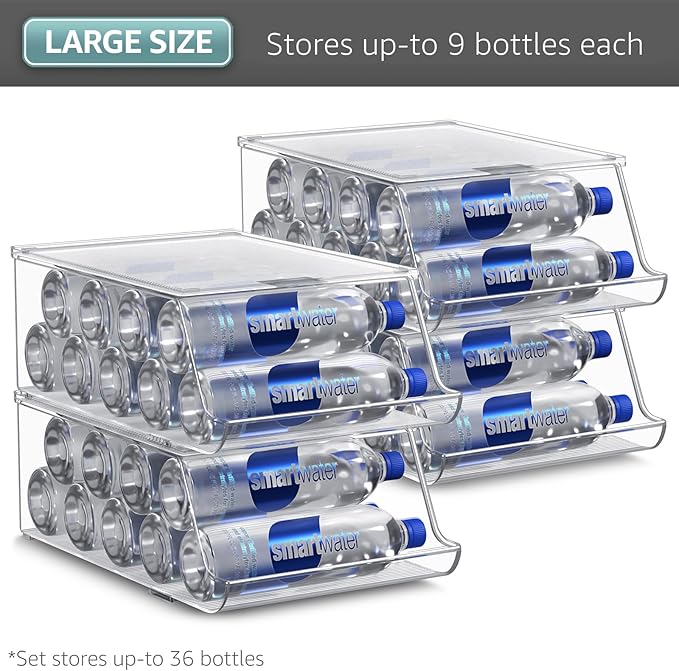 Sorbus Water Bottle Organizer for Fridge with Lid – Holds 9 Bottles – Stackable Drink Organizer for Refrigerator, Pantry, or Countertop – Clear BPA-Free Plastic Bottle Storage Holder (4 Pack)