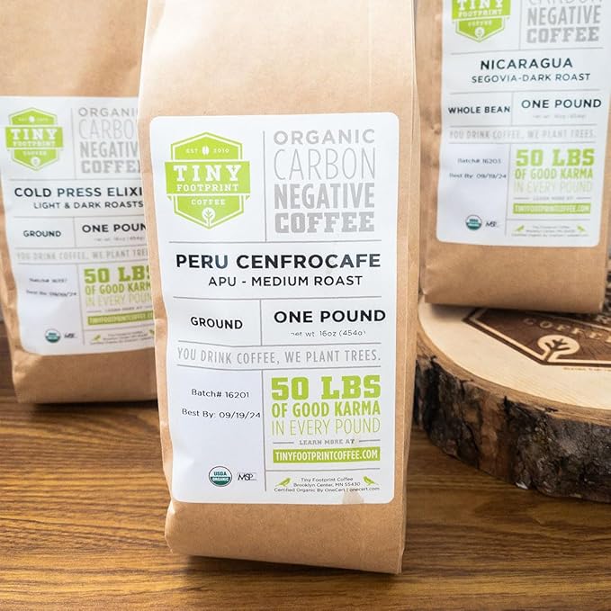 Tiny Footprint Coffee - Peru, Medium Roast, USDA Organic Ground Coffee, Fair Trade Certified - 16 Ounce