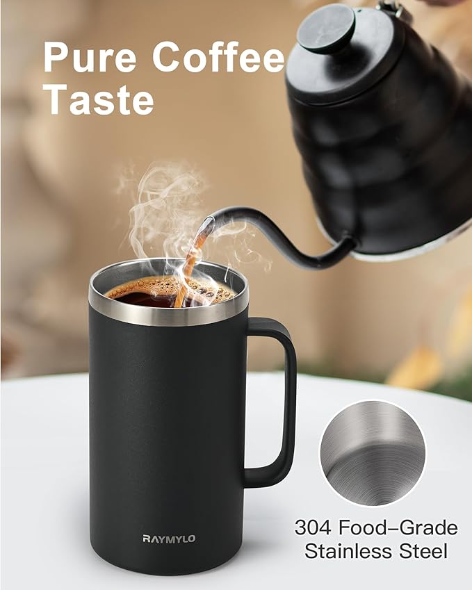 Insulated Coffee Mug 24 oz, Double Wall Stainless Steel Coffee Mug with Lids, Leak-Proof & Detachable Slider Lid for Thorough Clean, Keeps Coffee Cold for 9 Hrs, Suitable for Camp Home Office