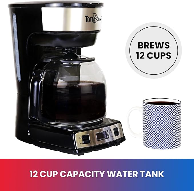 Total Chef Drip Coffee Maker - 12-Cup Programmable Coffee Machine With Glass Pot, Pause and Pour, Auto Shut-Off, Large Water Reservoir, Reusable Filter, Dishwasher Safe Carafe, Percoladora de Café