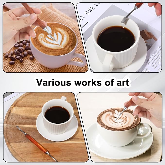 3 Pack Latte Art Pen Set Stainless Steel Latte Art Tools Coffee Drawing Tool with Wood Handle Double Ended Barista Accessories for Espresso Designs, Home and Cafe Use