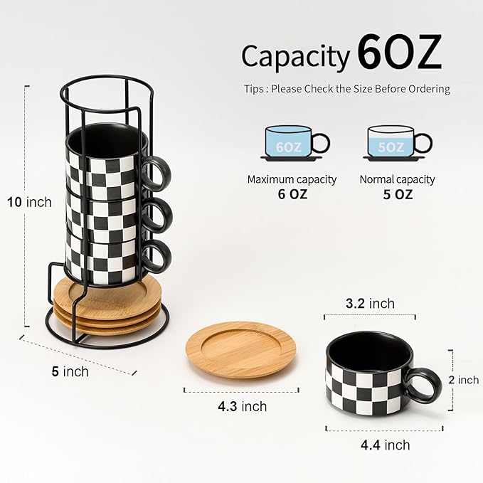 LUKA 6 Ounce Ceramic Stackable Black and White Checkered Espresso Cups with Saucers and Metal Stand Set of 4, Cappuccino Cups Set for Coffee Drinks, Latte, Cafe Mocha and Tea, Black Interior