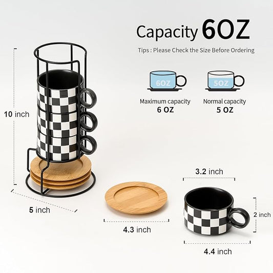 LUKA 6 Ounce Ceramic Stackable Black and White Checkered Espresso Cups with Saucers and Metal Stand Set of 4, Cappuccino Cups Set for Coffee Drinks, Latte, Cafe Mocha and Tea, Black Interior
