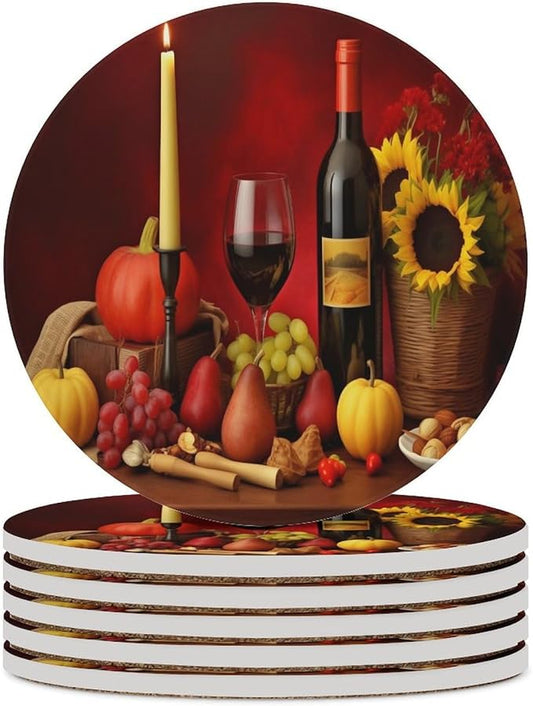Round-6PCS Red Wine Drink Coasters, Round Modern Ceramic Absorbent Coasters, Vintage Style Floral Red Wine Grapes Sunflower Decor Desk Coffee Table Coaster for Beverage Cup Tea Coasters