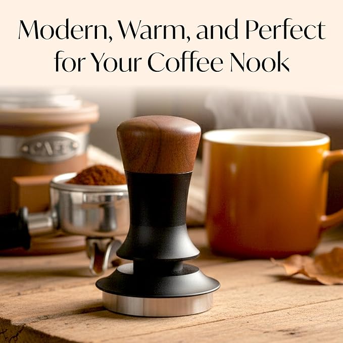 Espresso Tamper for 54mm Portafilter – Adjustable Depth Spring Loaded Tamper for Consistent Tamping – Barista Coffee Press Tool with Stainless Steel Base – Black & Walnut