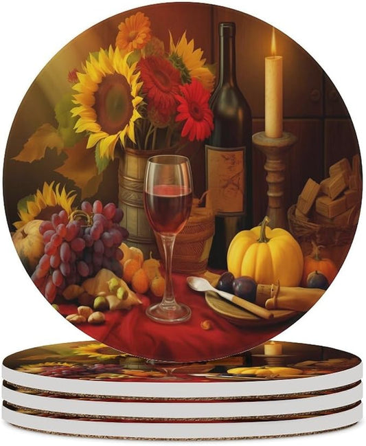 Round-4PCS Red Wine Ceramic Coasters, Round Absorbent Drink Coasters, Retro Wood Style Red Wine Fruit Grapes Fruit Floral Sunflower Ceramic Table Coasters for Coffee, Beverage, Wine, Beer Coasters