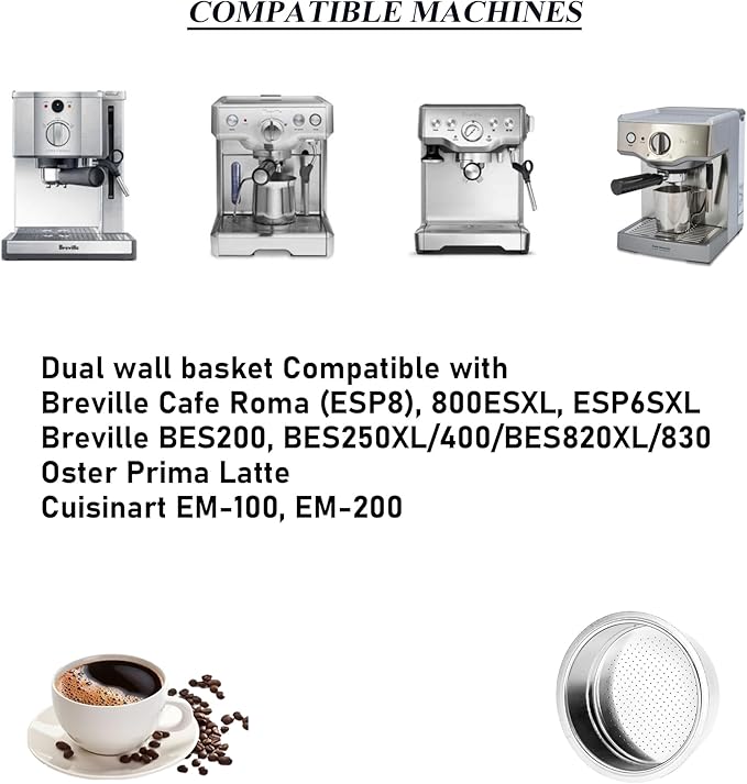 Algasan 51mm Pressurized Espresso Filter Basket 2 cup/double shot Compatible with CUISINART EM100 Breville Cafe Roma ESP8/ESP6/800ES/BES200/250/400/800/820/830 coffee machine
