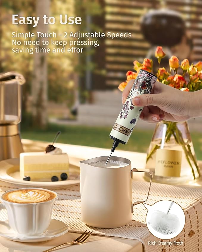 INFOOD Milk Frother Rechargeable with Cover - Coffee Frother Wand, Drink Mixer Handheld with 2 Detachable Stainless Whisks 2 Speed Adjustable for Latte, Cappuccino, Hot Chocolate, Egg, Vintage Floral
