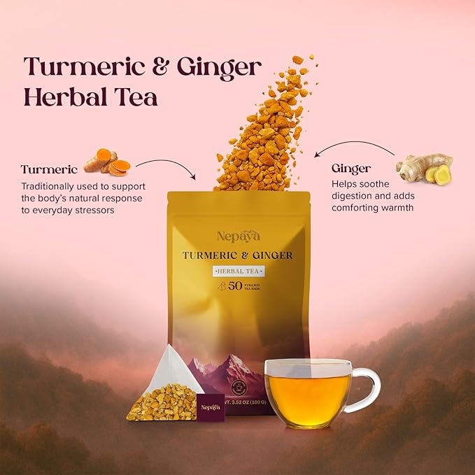 Turmeric Ginger Herbal Tea 50 Count Pyramid Tea Bags From the Himalayas, Caffeine Free, Gluten Free, warm and spicy Taste, biodegradable Tea Bags