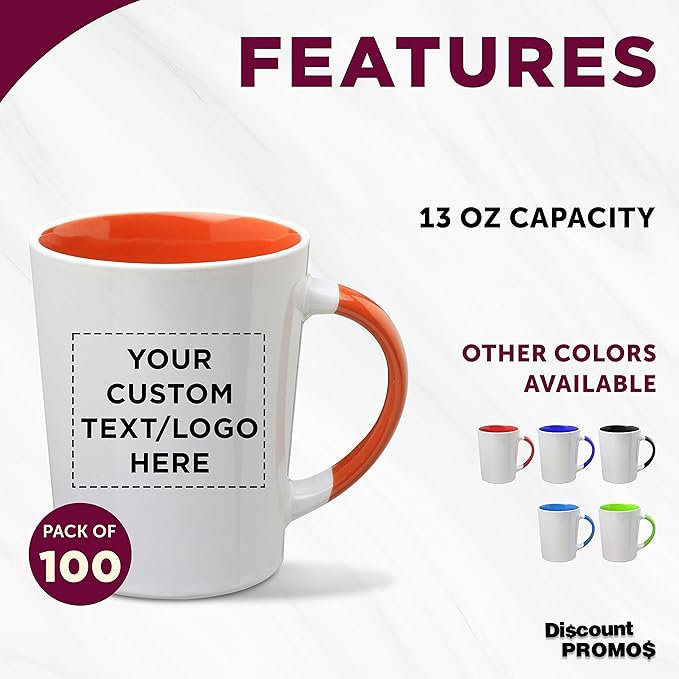 Custom Ceramic Latte Coffee Mugs by Albany 13 oz. Set of 100, Personalized Bulk Pack - Perfect for Coffee, Tea, Espresso, Hot Cocoa, Other Beverages - Orange