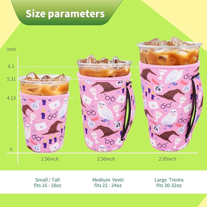 3 Pack Iced Coffee sleeve Insulated Neoprene Cup Sleeves with handle For Cold Drinks Beverages, Reusable Cup Holder for 16oz-32oz Coffee Cups (Horcrux)