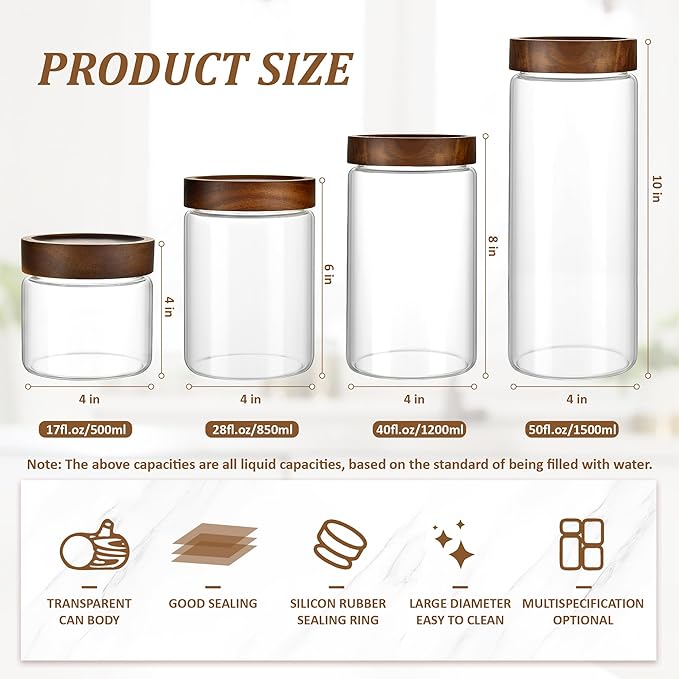 50 fl oz/1500 ml Clear Glass Storage Canister with Airtight Wooden Screw Lid, Large Tall Cute Decorative Glass Food Container Jar for Coffee, Candy, Cereal, Cookie, Pasta, Flour, Juices