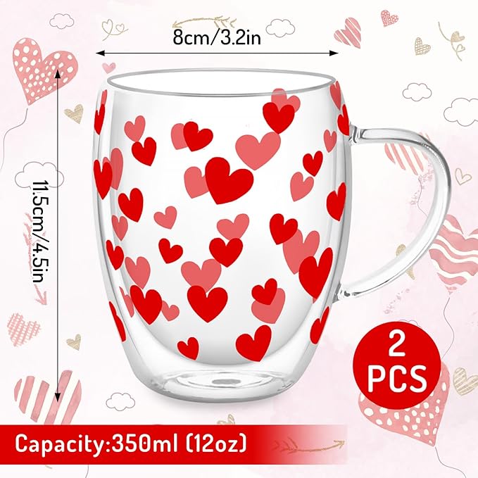 JarThenaAMCS Valentine' s Day Double Wall Glass Coffee Mugs Insulated Glasses 12Oz Red Heart Clear Espresso Cups with Handle for Home Holiday Supplies, Set of 2